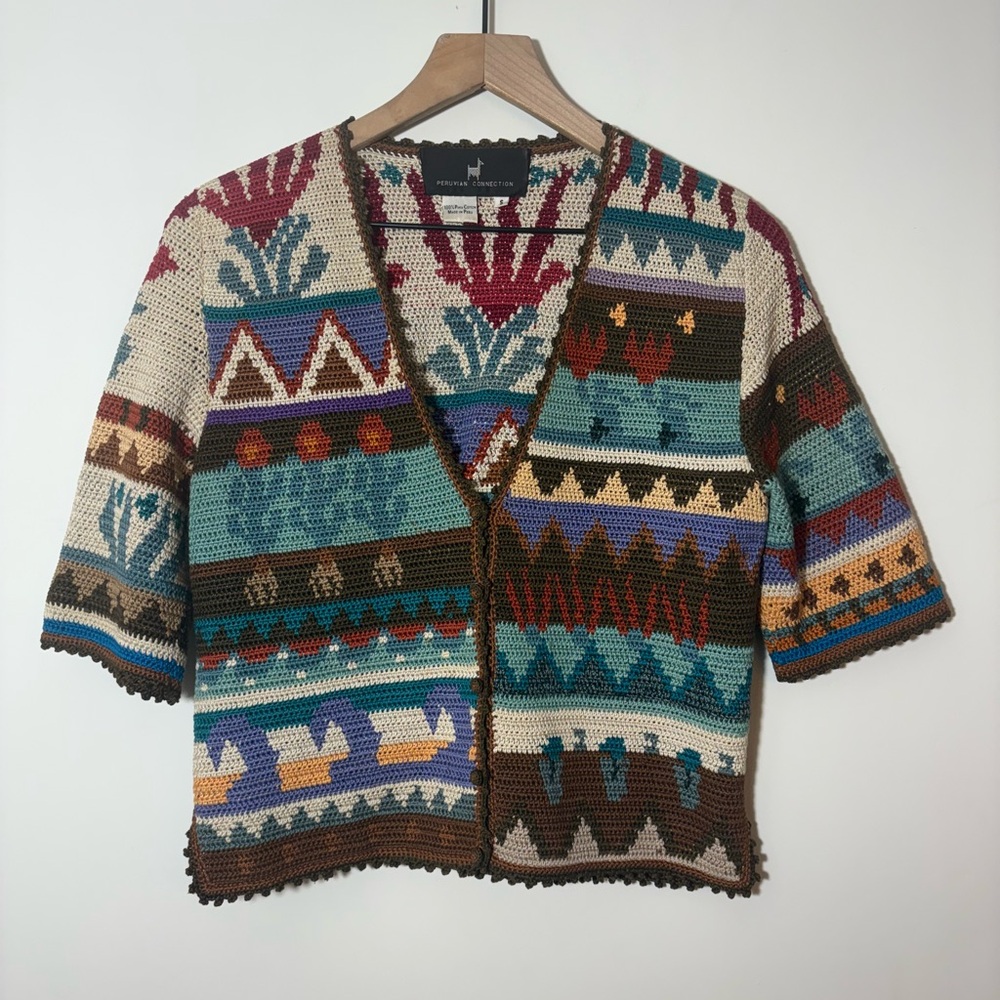 197 Vintage 90s Peruvian Connection Crochet Cardigan Sweater Pima Cotton Organic